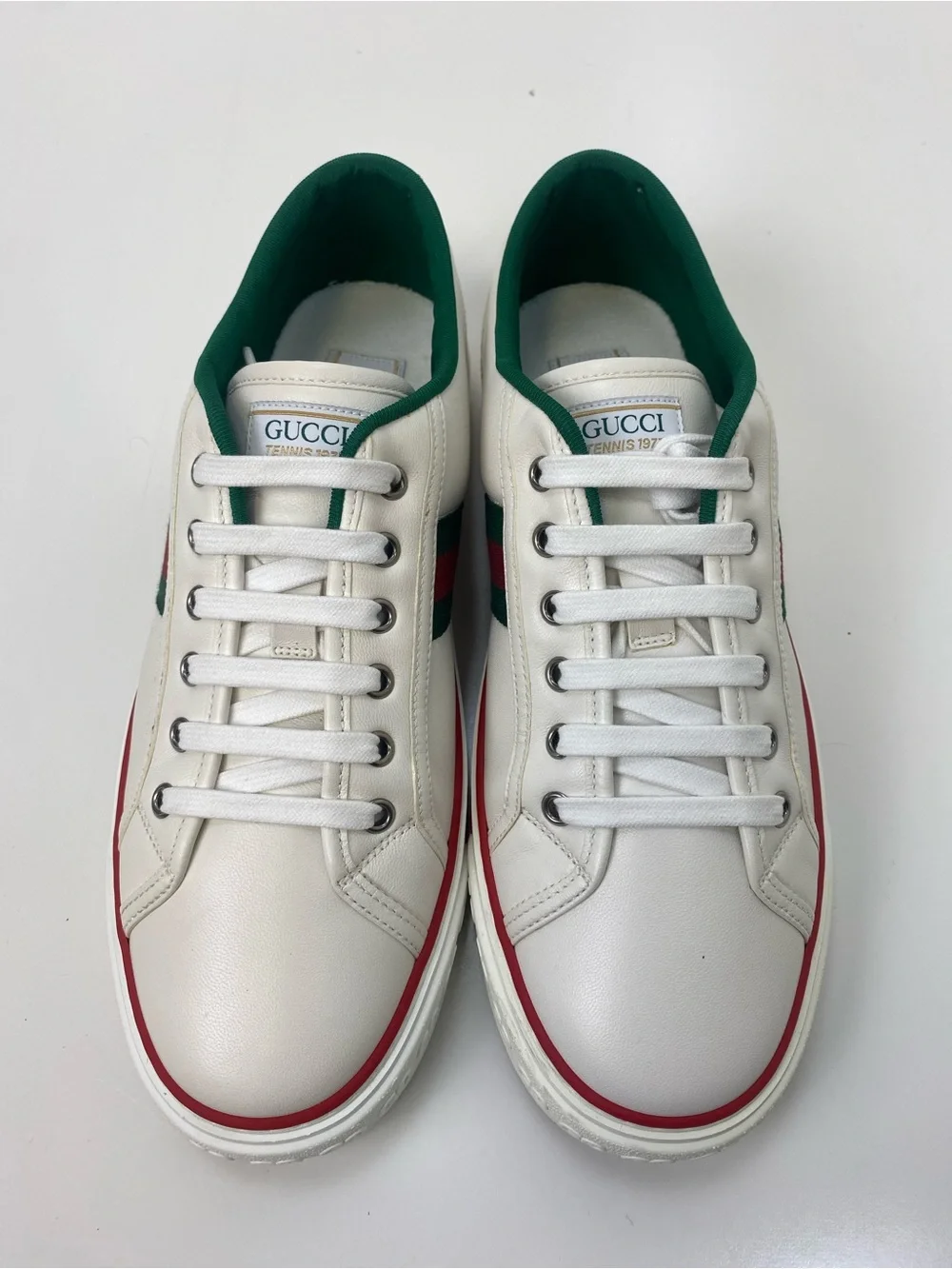 Gucci White Leather Sneakers with Red Trim & Green Lining